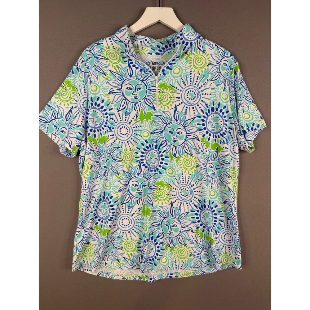 IBKÜL Mock Neck Top Womens XXL Sunny Day Blue Green Quarter Zip UPF 50 Polo